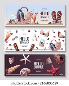 Set of summer banners for beach Holidays, Summer vacation, Leisure, Recreation concept. Vector Illustrations. Banner, flyer, poster, advertising.