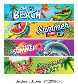 set of summer banners with cartoon characters