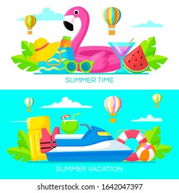Set of summer banners design. Set of beach illustration. Vector illustration