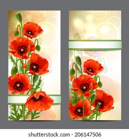 Set of summer banners with Red Poppies on bokeh background. Vector illustration