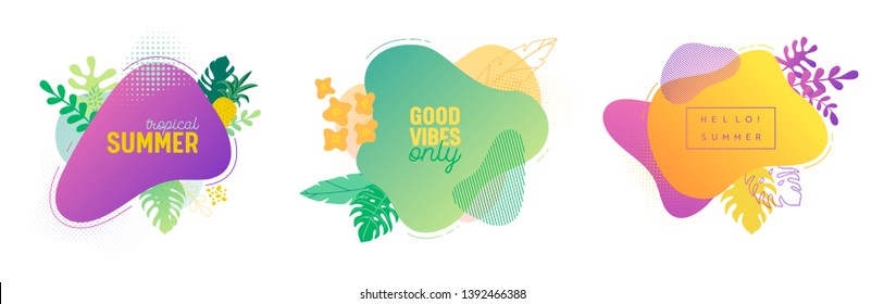 Set of summer banners template. Tropical liquid geometric shape background with palm leaves, tropic fluid bubble, card, brochure, promo badge for your seasonal design. Vector illustration