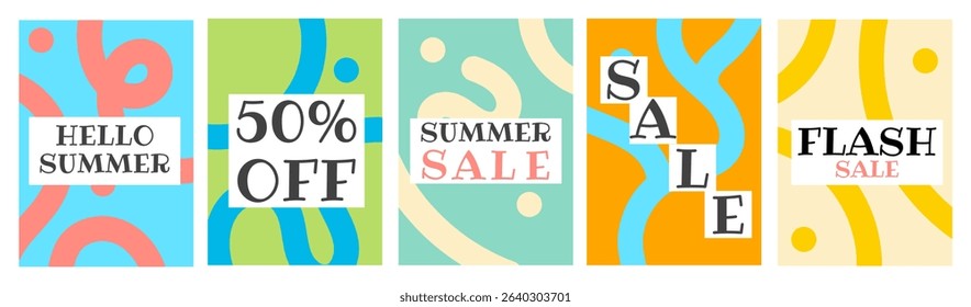 Set of summer banners.Abstract backgrounds with text.Hello summer, Sale, flash sale, Summer sale, 50% off. Vector.