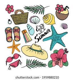 A set of summer beach accessories. Can be used for summer banner, greeting card, flyer, print on fabric, paper.