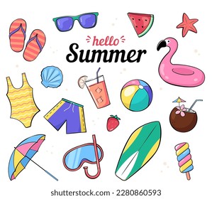 Set of summer, beach accessories and objects, vacation, holiday illustration in a cartoon, comic style