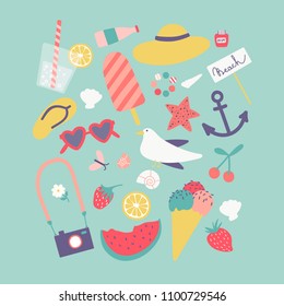 Set with summer beach accessories. Sunglasses, yellow hat, flip flops, drink and food. Summer vector collection.
