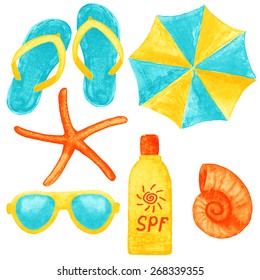 Set of summer beach accessories. Watercolor vector illustration. Global color used. - Shutterstock ID 268339355