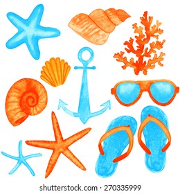 Set of summer beach accessories. Watercolor vector illustration. Global color used.