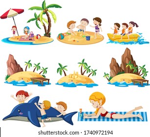 Conjunto de actividades de playa de verano y estilo de dibujos animados de niños aislados en ilustración de fondo blanco