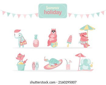 Set of summer beach Animals hand drawn style,cards,poster,template,greeting,cute,animal,Vector illustrations