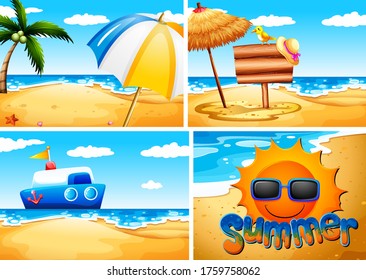 Conjunto de ilustraciones de fondo de playa de verano