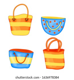 set of summer beach bags in cute cartoon style. Vector illustration isolated on white background.