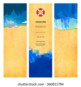 Set of Summer Beach Banners with Ocean and Sea Waves and Sand. Travel Vacation Background. Vector Coast Illustration.