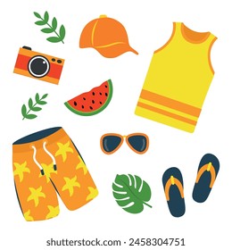 Un conjunto de ropa de verano, playa y accesorios. Ilustración vectorial de pantalones cortos, camiseta sin mangas, gorra de béisbol, cámara, iconos