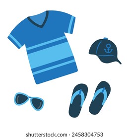 Set of summer beach clothes and accessories for men in blue, Vector illustration on a white background - cap, glasses, T-shirt and flip-flops, fashionable clothes