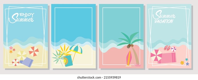 Set of summer and beach concept decorative template. Summer illustration frames collection. Vector illustration.