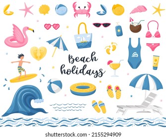 A set of summer beach, decorative elements. Beach bag, flamingo lifebuoy, diving mask, and fins. Seamless border with abstract designs. Vector illustrations in a flat cartoon style isolated on white.