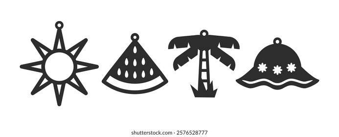 Set of summer beach designs for earrings, pendant or keychain. Jewelry silhouette cut template. Laser cutting with leather, wood or metal. Vector stencils of sun, watermelon, palm and panama hat