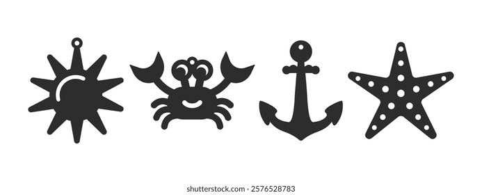 Set of summer beach designs for earrings, pendant or keychain. Jewelry silhouette cut template. Laser cutting with leather, wood or metal. Vector stencils of sun, crab, anchor and starfish