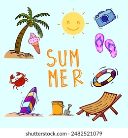 Set of summer, beach element pattern doodle design background illustration.