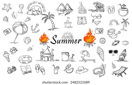 Set of summer, beach element pattern doodle design background illustration.