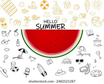 Set of summer, beach element with watermelon fruit pattern doodle design background illustration.