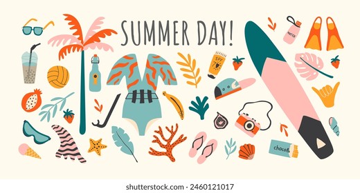 Set of summer beach elements. Cartoon tropical bundle with swimsuit, surfboard, palm, ice cream. Hand drawn vector illustration.
