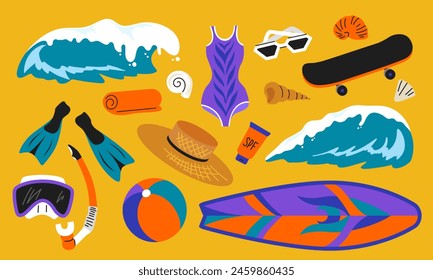 Set of summer beach elements. Collection with ocean waves, surfboard, skateboard, swimsuit, straw hat, diving mask, fins, sunglasses, ball. Vector design elements for summer banner, poster