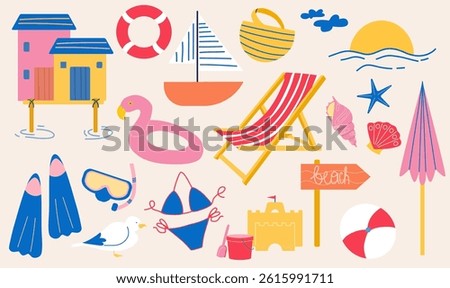 A set of summer beach elements. Colorful cartoon set. Beach house, scuba diving, sand castle.