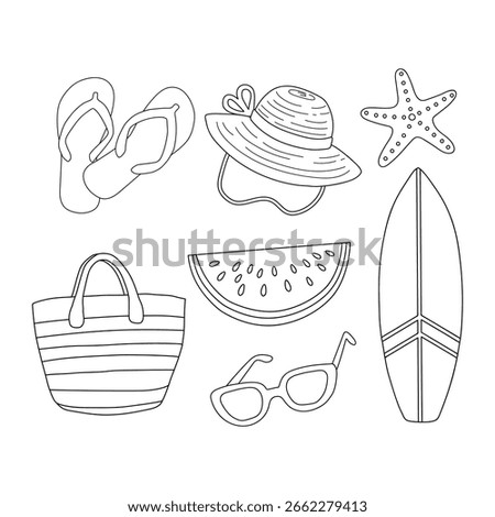 A set of summer beach elements coloring page printable vector. Summer time beach element collection. Summer tropical beach elements cartoon collection vector. Summer beach coloring page. 