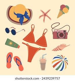 Set of summer beach elements. Female accessories. Swimsuit, slippers, ball, hat, sunglasses, ice cream, camera, seashell. Hand drawn vector illustration isolated on light background flat cartoon style