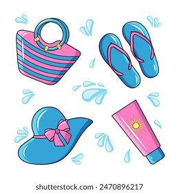 Set Summer Beach Elements Flat Style with Outline.Summer Elements for Vacation.Beach Bag Flip Flops Hat Sunscreen Water Drops. Vector Illustration for Banner Poster Sticker T-shirt on White Background