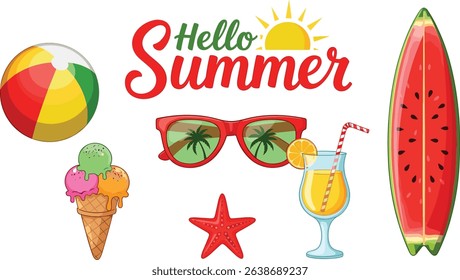 Set of summer beach elements in a flat style with lettering sign hello summer, Surfboard, ice cream, cocktail, beach ball, sunglasses and starfish