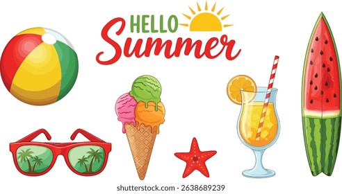 Set of summer beach elements in a flat style with lettering sign hello summer, Surfboard, ice cream, cocktail, beach ball, sunglasses and starfish