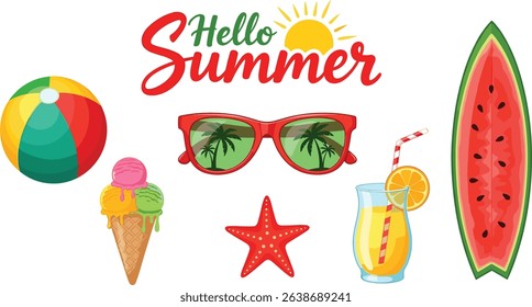 Set of summer beach elements in a flat style with lettering sign hello summer, Surfboard, ice cream, cocktail, beach ball, sunglasses and starfish