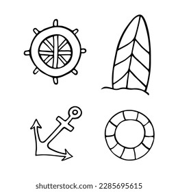 Set of summer beach elements in hand drawn doodle style. Monochrome vector illustration isolated on white background. Collection of things for vacation.