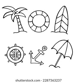 Set of summer beach elements in hand drawn doodle style. Monochrome vector illustration isolated on white background. Collection of things for vacation.