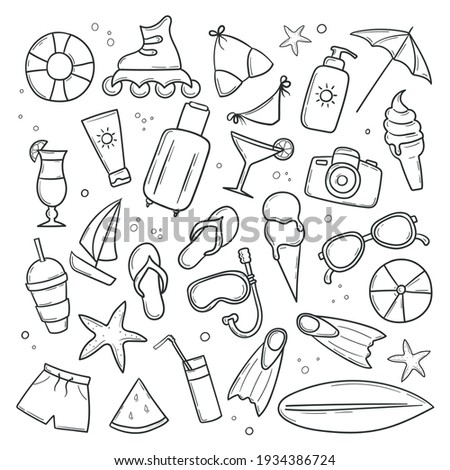Set of summer beach elements in hand drawn doodle style. Clip-art collection of things for vacation. Monochrome linear stickers. Vector illustration isolated on white background