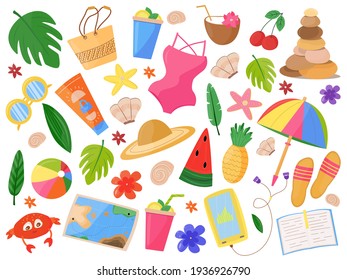 Set Of Summer Beach Elements. Tropical Monstera Leaves, Clothing, Care, Entertainment, Swimwear. Isolated Objects Of Sea Vacation. Vector Illustration Cartoon Style