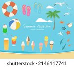 Set of summer beach elements. Vector illustration of beach accessories, seaside creatures, palm tree, foods and drinks.