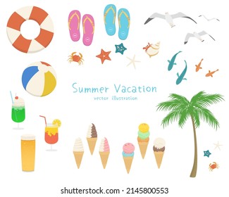 Set of summer beach elements. Vector illustration of beach accessories, seaside creatures, palm tree, foods and drinks.