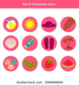 Set of summer, beach flat icons on orange round background. Flat design style. Vector illustration. EPS10.