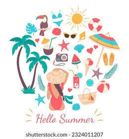 Set of summer beach flat illustrations.  A beautiful girl on the beach, palm trees, tropical cocktails,  and other summer beach design elements, isolated on a white background. Hello Summer icons. 