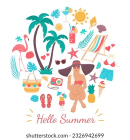 Conjunto de ilustraciones de la playa de verano.  Una bonita niña en la playa, palmeras, cócteles tropicales y otros elementos de diseño playero estival, aislados en un fondo blanco. Hola iconos de verano. 