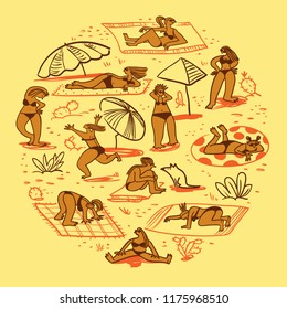 Set with summer  beach girls. Doodle  cute woman character sunbathing in different poses. Isolated female figures. Vector illustration, sketchy style. Landscape with people, cactus, umbrellas and sand