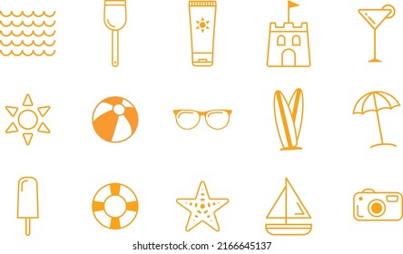 Set of summer beach, holiday, travel, ocean and vacation line icons for web and print isolated on white background.