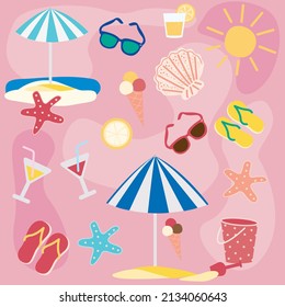 Set of summer beach holidays icons. Sea stars, ice cream, sunglasses, sun and spanking. Umbrella. Cocktails. Vacations.