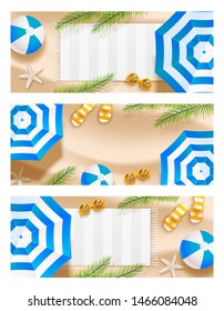 Set of summer beach horizontal banners with sun umbrella, sunglasses, sea star, ball, towel and palm leaves on sand
