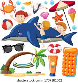 Set of summer beach icon cartoon style on white background illustration