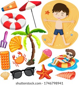 Set of summer beach icon cartoon character style on white background illustration