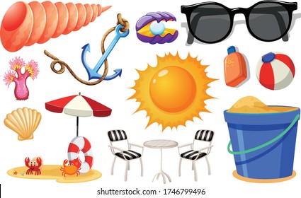 Set of summer beach icon cartoon style on white background illustration